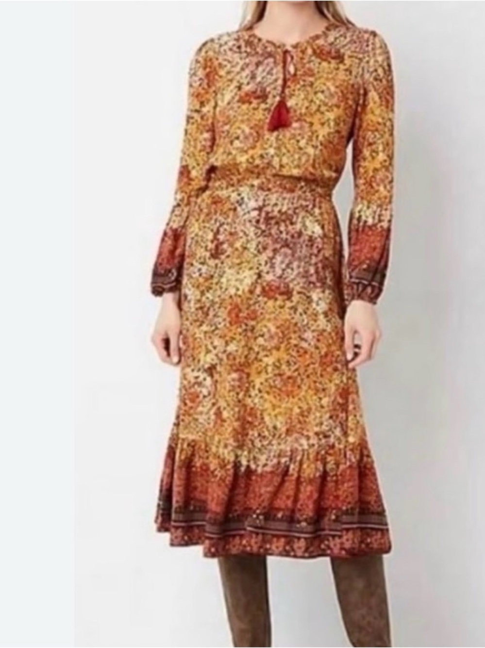 Frye and Co. Boho Fall Midi Longsleeve Dress Flowy Brown orange LARGE